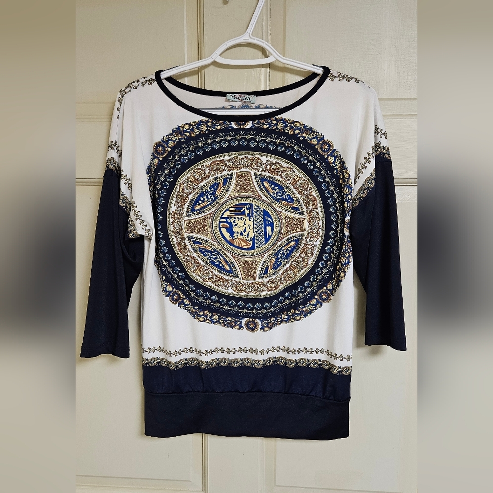 Women's Navy and White Top - Size S